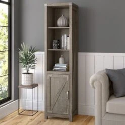 Cottage Grove Tall Narrow 5 Shelf Bookcase With Door By Bush Furniture - Restored Gray