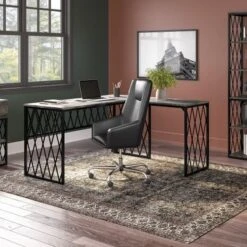 City Park 60W Industrial L Shaped Desk By Kathy Ireland Home - Dark Gray Hickory