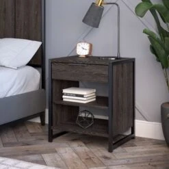 Atria Small Nightstand With Drawer And Shelves By Bush Furniture - Charcoal Gray
