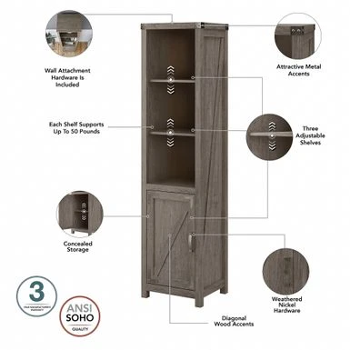 Cottage Grove Tall Narrow 5 Shelf Bookcase With Door By Bush Furniture - Restored Gray 10 Cottage Grove Tall Narrow 5 Shelf Bookcase With Door By Bush Furniture - Restored Gray - Image 8