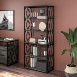City Park Industrial 5 Shelf Bookcase By Kathy Ireland Home - Dark Gray Hickory
