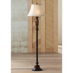Kathy Ireland Sonnett Vintage Rustic Floor Lamp 63 1/2" Tall Bronze Metal Faux Marble Ivory Linen Bell Shade For Living Room Bedroom Office House Home