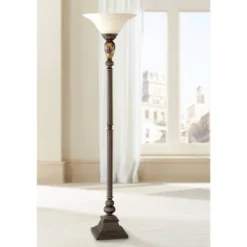 Kathy Ireland Vintage Torchiere Floor Lamp 72" Tall Bronze Tortoise Shell Font Frosted Glass Shade For Living Room Reading House