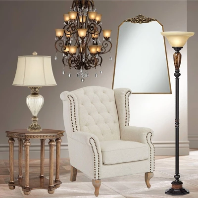 Kathy Ireland Sonnett Vintage Rustic Torchiere Floor Lamp 72" Tall Bronze Faux Marble Alabaster Glass Shade For Living Room Bedroom Office House Home 9 Kathy Ireland Sonnett Vintage Rustic Torchiere Floor Lamp 72" Tall Bronze Faux Marble Alabaster Glass Shade For Living Room Bedroom Office House Home - Image 7