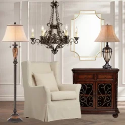 Kathy Ireland Sonnett Vintage Rustic Floor Lamp 63 1/2" Tall Bronze Metal Faux Marble Ivory Linen Bell Shade For Living Room Bedroom Office House Home -Kathy Ireland GUEST e31ccdbe 40c9 4b07 88e3 de45a1835912