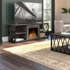City Park 60W Electric Fireplace TV Stand By Kathy Ireland Home - Dark Gray Hickory