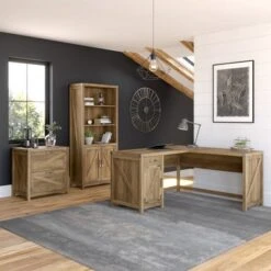 Cottage Grove L Desk With File Cabinet And Bookcase By Bush Furniture - Reclaimed Pine