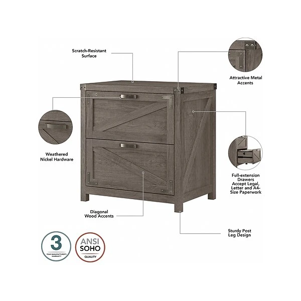 Kathy Ireland® Home By Bush Furniture 2-Drawer Lateral File Cabinet, Letter/Legal, Restored Gray, 29" (CGF129RTG-03) 4 Kathy Ireland® Home By Bush Furniture 2-Drawer Lateral File Cabinet, Letter/Legal, Restored Gray, 29" (CGF129RTG-03) - Image 2