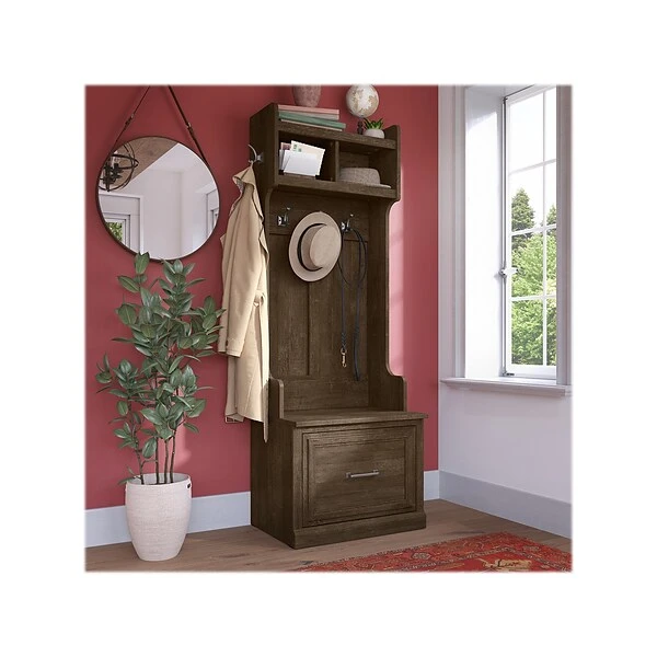 Kathy Ireland® Home By Bush Furniture Woodland 69" Hall Tree And Small Shoe Bench With Drawer And 2 Shelves, Ash Brown 3 Kathy Ireland® Home By Bush Furniture Woodland 69" Hall Tree And Small Shoe Bench With Drawer And 2 Shelves, Ash Brown