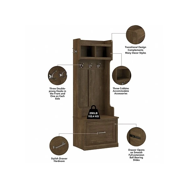Kathy Ireland® Home By Bush Furniture Woodland 69" Hall Tree And Small Shoe Bench With Drawer And 2 Shelves, Ash Brown 4 Kathy Ireland® Home By Bush Furniture Woodland 69" Hall Tree And Small Shoe Bench With Drawer And 2 Shelves, Ash Brown - Image 2