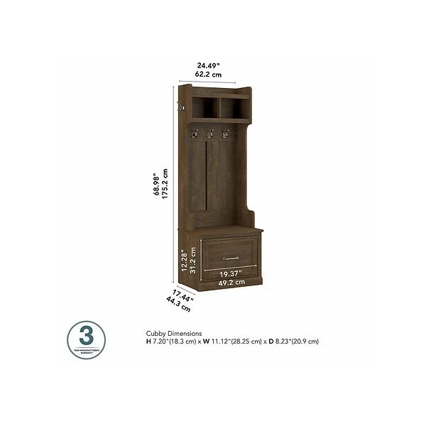 Kathy Ireland® Home By Bush Furniture Woodland 69" Hall Tree And Small Shoe Bench With Drawer And 2 Shelves, Ash Brown 6 Kathy Ireland® Home By Bush Furniture Woodland 69" Hall Tree And Small Shoe Bench With Drawer And 2 Shelves, Ash Brown - Image 4