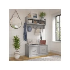 Kathy Ireland® Home By Bush Furniture Woodland 21" Shoe Storage Bench And Coat Rack With 4 Shelves, Cape Cod Gray (WDL003CG)