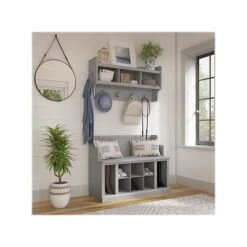 Kathy Ireland® Home By Bush Furniture Woodland 32" Shoe Storage Bench And Coat Rack With 12 Shelves, Cape Cod Gray (WDL010CG)