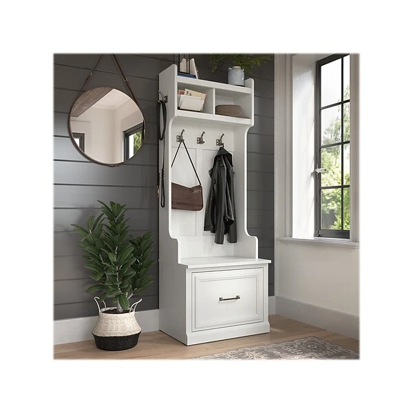 Kathy Ireland® Home By Bush Furniture Woodland 69" Hall Tree And Small Shoe Bench With Drawer And 2 Shelves, White Ash 3 Kathy Ireland® Home By Bush Furniture Woodland 69" Hall Tree And Small Shoe Bench With Drawer And 2 Shelves, White Ash
