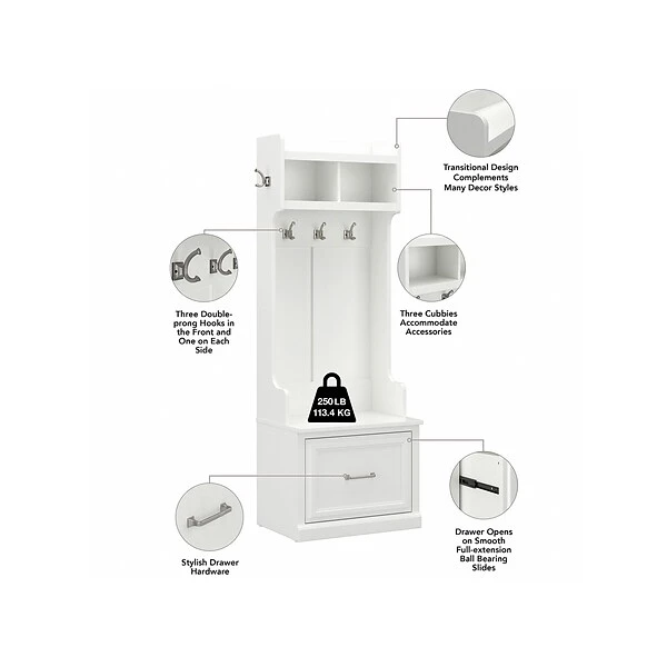 Kathy Ireland® Home By Bush Furniture Woodland 69" Hall Tree And Small Shoe Bench With Drawer And 2 Shelves, White Ash 4 Kathy Ireland® Home By Bush Furniture Woodland 69" Hall Tree And Small Shoe Bench With Drawer And 2 Shelves, White Ash - Image 2