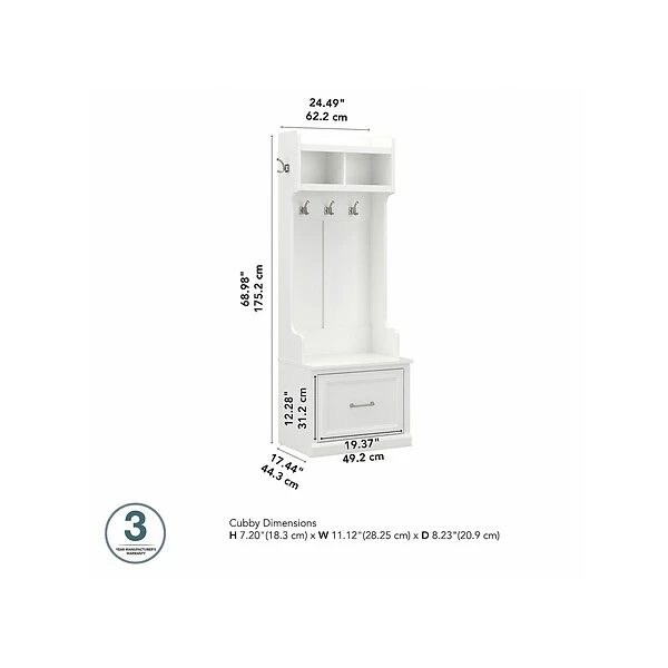 Kathy Ireland® Home By Bush Furniture Woodland 69" Hall Tree And Small Shoe Bench With Drawer And 2 Shelves, White Ash 6 Kathy Ireland® Home By Bush Furniture Woodland 69" Hall Tree And Small Shoe Bench With Drawer And 2 Shelves, White Ash - Image 4