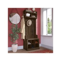 Kathy Ireland® Home By Bush Furniture Woodland 69" Hall Tree And Small Shoe Bench With 9 Shelves, Ash Brown (WDL008ABR)