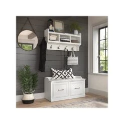 Kathy Ireland® Home By Bush Furniture Woodland 21" Shoe Storage Bench And Coat Rack With 4 Shelves, White Ash (WDL003WAS)