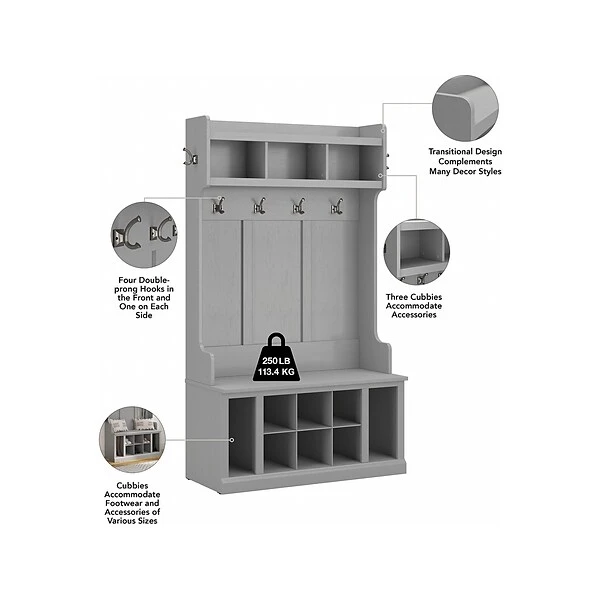 Kathy Ireland® Home By Bush Furniture Woodland 71" Hall Tree And Shoe Bench With 12 Shelves, Cape Cod Gray (WDL002CG) 4 Kathy Ireland® Home By Bush Furniture Woodland 71" Hall Tree And Shoe Bench With 12 Shelves, Cape Cod Gray (WDL002CG) - Image 2
