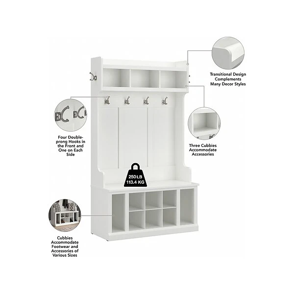 Kathy Ireland® Home By Bush Furniture Woodland 71" Hall Tree And Shoe Bench With 12 Shelves, White Ash (WDL002WAS) 4 Kathy Ireland® Home By Bush Furniture Woodland 71" Hall Tree And Shoe Bench With 12 Shelves, White Ash (WDL002WAS) - Image 2