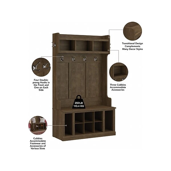 Kathy Ireland® Home By Bush Furniture Woodland 71" Hall Tree And Shoe Bench With 12 Shelves, Ash Brown (WDL002ABR) 4 Kathy Ireland® Home By Bush Furniture Woodland 71" Hall Tree And Shoe Bench With 12 Shelves, Ash Brown (WDL002ABR) - Image 2