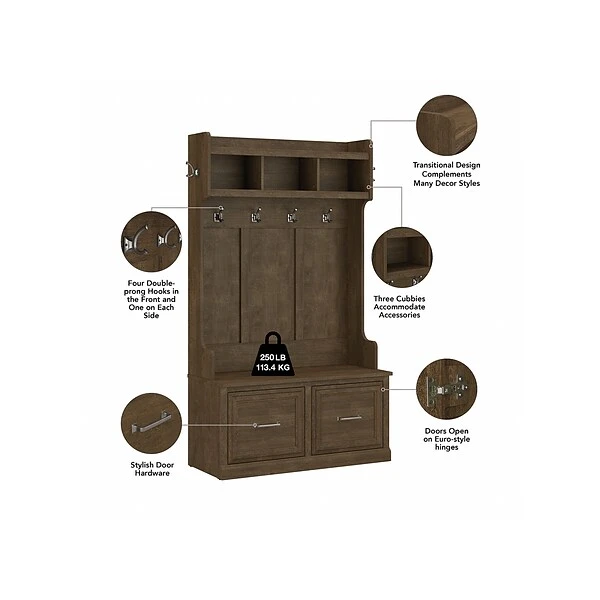 Kathy Ireland® Home By Bush Furniture Woodland 71" Hall Tree And Shoe Storage Bench With Doors, Ash Brown (WDL001ABR) 4 Kathy Ireland® Home By Bush Furniture Woodland 71" Hall Tree And Shoe Storage Bench With Doors, Ash Brown (WDL001ABR) - Image 2