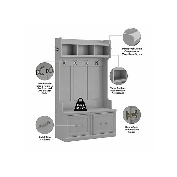 Kathy Ireland® Home By Bush Furniture Woodland 71" Hall Tree And Shoe Storage Bench With Doors, Cape Cod Gray (WDL001CG) 4 Kathy Ireland® Home By Bush Furniture Woodland 71" Hall Tree And Shoe Storage Bench With Doors, Cape Cod Gray (WDL001CG) - Image 2
