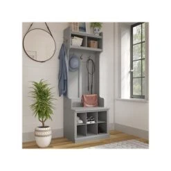 Kathy Ireland® Home By Bush Furniture Woodland 69" Shoe Storage Bench And Coat Rack With 4 Shelves, Cape Cod Gray (WDL008CG)