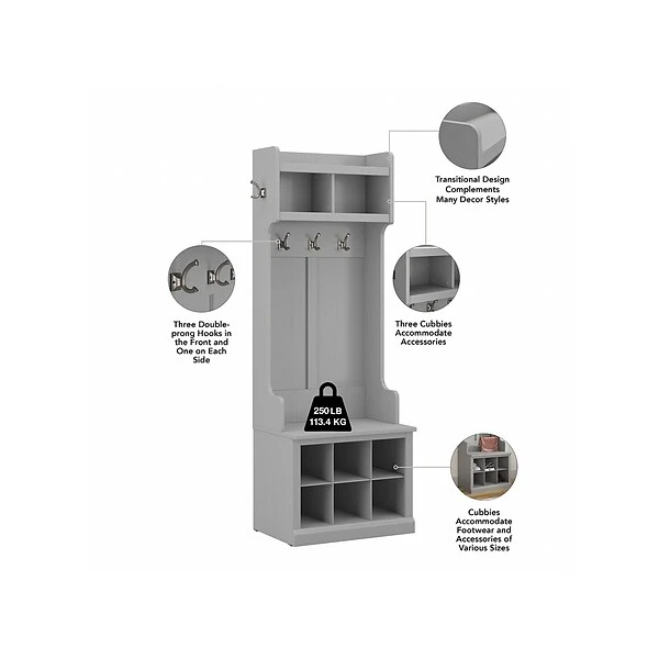 Kathy Ireland® Home By Bush Furniture Woodland 69" Shoe Storage Bench And Coat Rack With 4 Shelves, Cape Cod Gray (WDL008CG) 4 Kathy Ireland® Home By Bush Furniture Woodland 69" Shoe Storage Bench And Coat Rack With 4 Shelves, Cape Cod Gray (WDL008CG) - Image 2