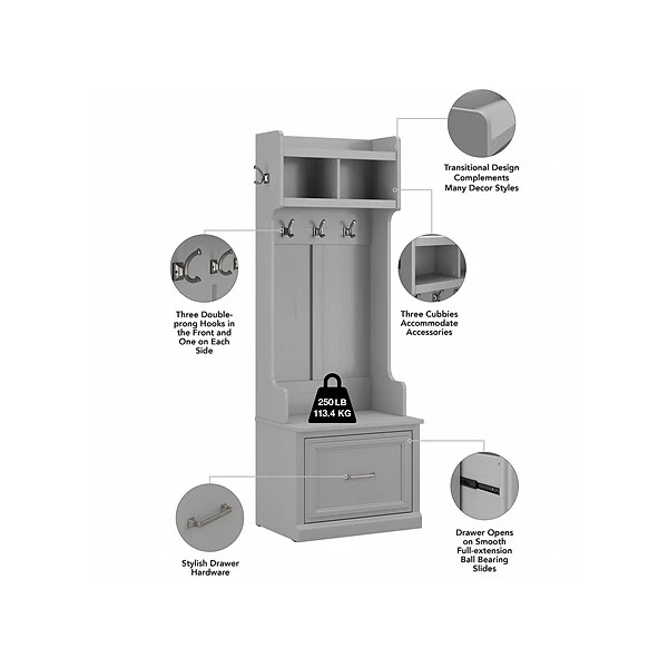 Kathy Ireland® Home By Bush Furniture Woodland 69" Coat Rack And Small Shoe Bench With Drawer And 2 Shelves, Cape Cod Gray 4 Kathy Ireland® Home By Bush Furniture Woodland 69" Coat Rack And Small Shoe Bench With Drawer And 2 Shelves, Cape Cod Gray - Image 2