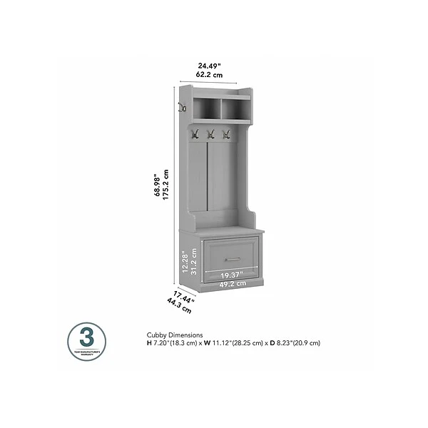 Kathy Ireland® Home By Bush Furniture Woodland 69" Coat Rack And Small Shoe Bench With Drawer And 2 Shelves, Cape Cod Gray 6 Kathy Ireland® Home By Bush Furniture Woodland 69" Coat Rack And Small Shoe Bench With Drawer And 2 Shelves, Cape Cod Gray - Image 4