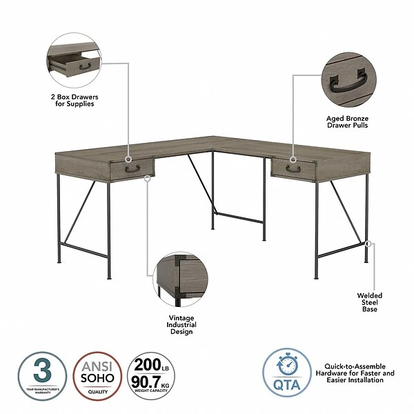 Kathy Ireland® Home By Bush Furniture Ironworks 60" L-Shaped Writing Desk, Restored Gray (KI50312-03) 4 Kathy Ireland® Home By Bush Furniture Ironworks 60" L-Shaped Writing Desk, Restored Gray (KI50312-03) - Image 2
