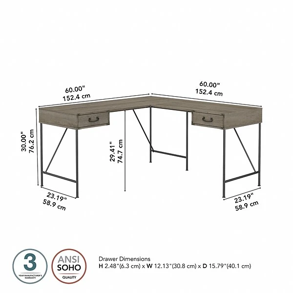 Kathy Ireland® Home By Bush Furniture Ironworks 60" L-Shaped Writing Desk, Restored Gray (KI50312-03) 5 Kathy Ireland® Home By Bush Furniture Ironworks 60" L-Shaped Writing Desk, Restored Gray (KI50312-03) - Image 3