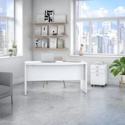 Office By Kathy Ireland® Echo Bow Front Desk With Mobile File Cabinet, Pure White/Pure White (ECH001PW)
