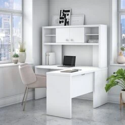 Office By Kathy Ireland® Echo L Shaped Desk With Hutch, Pure White (ECH031PW)