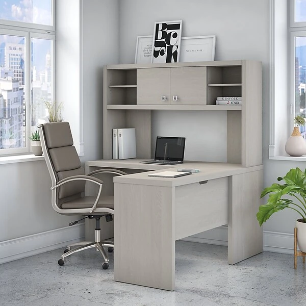 Office By Kathy Ireland® Echo L Shaped Desk With Hutch, Gray Sand (ECH031GS) 3 Office By Kathy Ireland® Echo L Shaped Desk With Hutch, Gray Sand (ECH031GS)